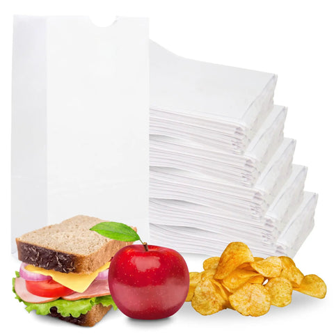 White Paper Bags with SOS Bottom, 500-Count, Size 5.00 x 3.12 x 9.75 Inches stacked with chips, apple, and sandwich
