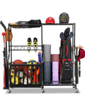 Heavy Duty Rolling Garage Organizer With Wheels For Indoor Sports Gear Storage Including Golf Bags Balls Bats Rackets Skates Mats And More All In One Storage Rack With Basket And Hooks Black Large, filled with sports equipment visible from the front view.