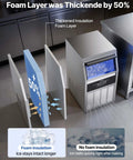 Rock Solid Commercial Ice Maker showing thickened foam insulation for improved ice retention and performance in bars and kitchens.
