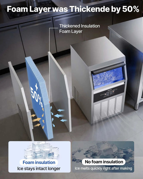 Rock Solid Commercial Ice Maker showing thickened foam insulation for improved ice retention and performance in bars and kitchens.
