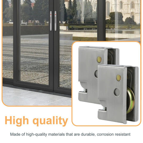 Two Pack 0C5Y00P0 Patio Door Rollers Replacement For Sliding Patio Doors, shown adjacent to sliding doors, 1-1/2 inch steel.