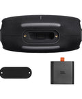 Bottom view of Xtreme 4 Portable Bluetooth Speaker with Beastly Bass, connector port, and accessories shown.