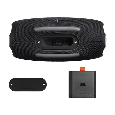Bottom view of Xtreme 4 Portable Bluetooth Speaker with Beastly Bass, connector port, and accessories shown.
