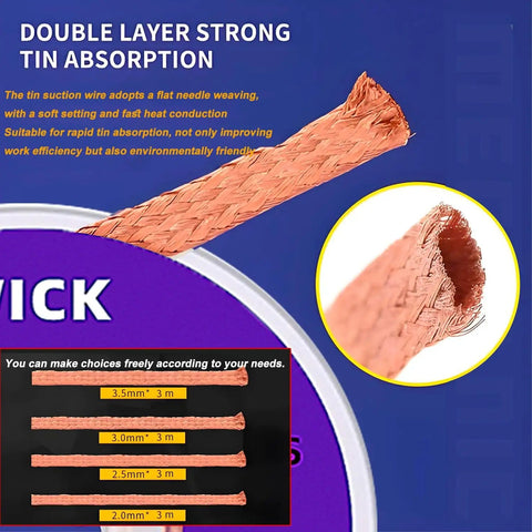 No Clean Soldering Wick Braid Desoldering Kit 8 pcs detail showing 3.5mm width braid with textured copper material and length options