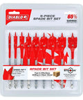 Diablo 9-piece SPEEDemon spade bit set in red with metal shanks in clear plastic case