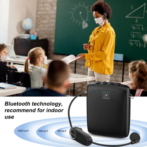 Teacher using Bluetooth Voice Amplifier With Portable Speaker And Wireless Microphone For Teachers Tour Guides Public Speakers And Fitness Instructors 15W Mute Feature Gig Ready For Large Rooms WB002 in classroom