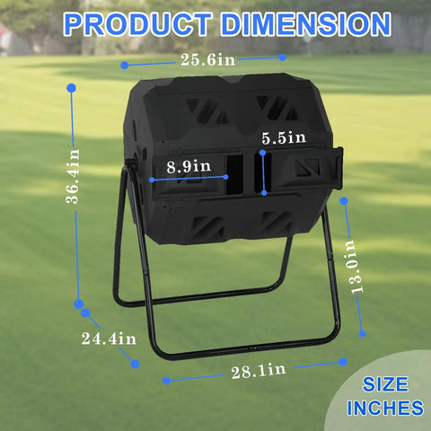 Dual Chamber Tumbling Compost Bin With Sliding Doors No Fuss, 43 Gallon Outdoor System For Garden Patio Kitchen Yard dimensions