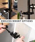 Beefy Aluminum C Clamps With 1/4-20 And 3/8-16 Sockets, dual mounting threads for desktops up to 1.8 inches, shown mounting options