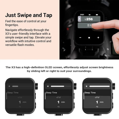 X3S Wireless Flash Trigger For Sony Cameras With 2.4G X System featuring OLED touchscreen for easy control adjustments.