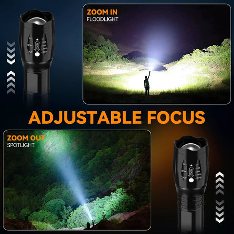 Beast Mode LED Flashlight Set showing adjustable focus with zoomable lens for floodlight and spotlight modes outdoors at night.