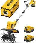 20V Cordless Garden Tiller Rototiller with 360 RPM, 9 inch width, 6.6 inch depth, shown with two 4.0Ah batteries and charger