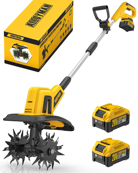 20V Cordless Garden Tiller Rototiller with 360 RPM, 9 inch width, 6.6 inch depth, shown with two 4.0Ah batteries and charger
