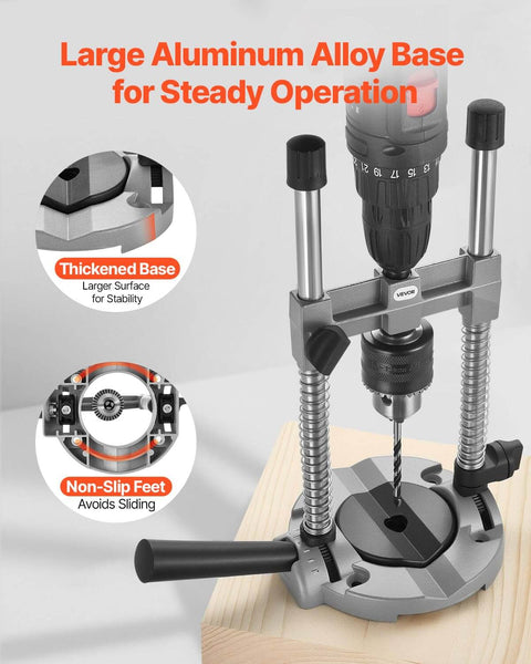 Pro Grade Multi Angle Drill Guide Jig For Woodworking Portable Precision Drilling Guide With 45 Degree 60 Degree 75 Degree 90 Degree Settings Aluminum Alloy Build Large Handle Mounting Holes For Accurate Angled Or Straight Holes displayed on a wood surface with thickened base and non-slip feet visible.