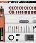 Cordless 4V Rotary Tool Kit With All In One 64 Piece Accessory Set 2500mAh LiIon Battery Five Speed Dial Cut Sand Carve Polish Engrave For DIY Crafts Ideal For Home Projects In Bright Orange Case with accessories