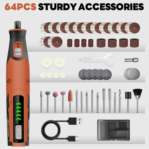 Cordless 4V Rotary Tool Kit With All In One 64 Piece Accessory Set 2500mAh LiIon Battery Five Speed Dial Cut Sand Carve Polish Engrave For DIY Crafts Ideal For Home Projects In Bright Orange Case with accessories