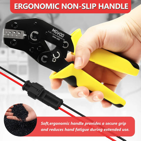 Weatherpack Connector Kit 993Pcs With Crimp Tool For Automotive Wiring, showing yellow ergonomic handle crimper in hand