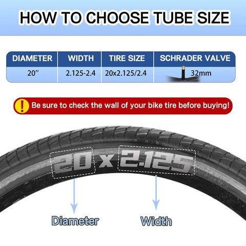 Guide on choosing tube size for 20" tires, showing 20x2.125 dimensions and Schrader valve details for Two Pack 20 Inch Bike Tubes Heavy Duty Inner Tubes For 20 By 1.95 2.10 2.125 2.40 Tires Fits Mountain Road And Kids Bikes Off Road Ready Durable For All Weather Performance And Easy Install For Busy Riders.
