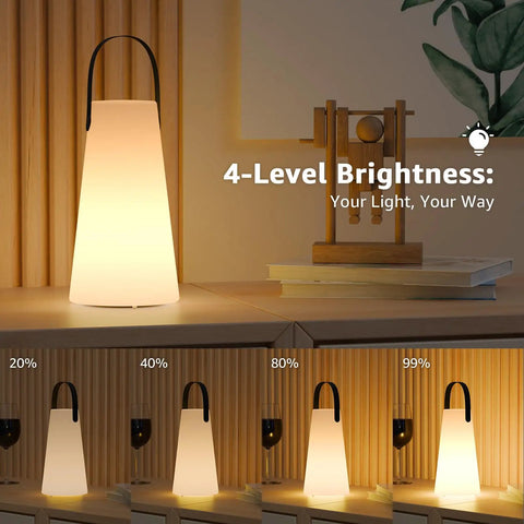 Rechargeable Cordless Outdoor Lanterns with four brightness levels on a table, showcasing IP44 water resistant remote-controlled lighting.