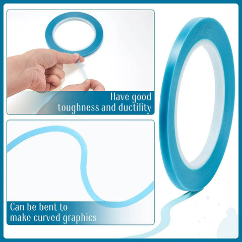 Automotive Masking Tape Set For Curves And Fine Edges, showing a blue tape roll being bent for curved graphics application.
