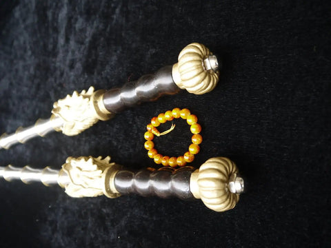 Close-up of Handmade Chinese Kung Fu Sword Pair With Stainless Steel Blade And Brass Fittings 33 Inch Overall 25 Inch Blade