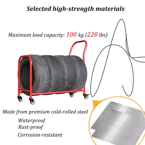 Heavy Duty Tire Storage Rack Featuring Four Smooth Swivel Casters Built To Grip Car Or Bike Tires Securely While Keeping Your Garage Setup Mess Free And Totally Slick with four tires.
