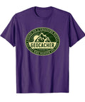 Purple Treasure Hunt Geocaching Lovers Tee with mountain logo for cache seekers, men's size, short sleeve, crew neck.