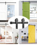 Sliding Barn Door Hardware Kit Six Point Six Foot Heavy Duty Rail System With Quiet Smooth Operation Easy Install Includes Door Hook And Two Handles For Doors One And Three Eighths To One And Three Quarters Inches Thick Black I Shape Hanger shown in various room settings