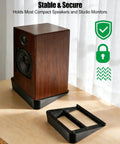 Desk Speaker Stands With 16 Degree Tilt, Wedge Riser And Anti Vibration Foam, black stand holding a wooden speaker on desk