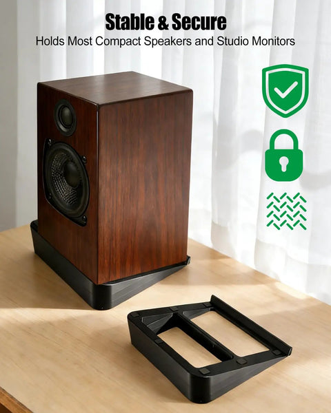 Desk Speaker Stands With 16 Degree Tilt, Wedge Riser And Anti Vibration Foam, black stand holding a wooden speaker on desk