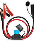 Heavy Duty Alligator Clamp Extension Cable To Female Cigarette Lighter Socket Adapter with red and black clamps and fuse holder.
