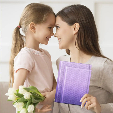 Woman holding Gradient Purple 6x10 Inch Opaque Bubble Mailers 100 Pack Usable 6x9 Inner Size Thick Bubble Padding with Strong Adhesion