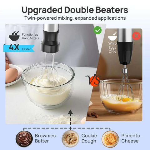 Handheld Immersion Blender With Robust 1100 Watt Motor And 21 Speed Settings Plus Turbo Mode crushing ingredients in a bowl.