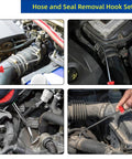 JOYFUL&HOPEFUL hose removal tools set; 10-inch radiator hose pick with metal hook in engine bay
Side view of hose removal tool with red tip used to loosen a hose under the hood
Close-up of hand using hose removal tool near a hose clamp under the hood
Installed view showing tool pulling a hose in the engine bay, red handle visible