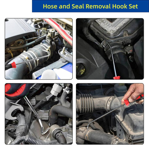 JOYFUL&HOPEFUL hose removal tools set; 10-inch radiator hose pick with metal hook in engine bay
Side view of hose removal tool with red tip used to loosen a hose under the hood
Close-up of hand using hose removal tool near a hose clamp under the hood
Installed view showing tool pulling a hose in the engine bay, red handle visible