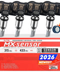 MX Sensor 2 In 1 TPMS Replacement Set Of Four 315 MHz And 433 MHz Press In Sensors For Car Tire Pressure Monitoring System, Easy Install, Plug And Play, Durable Four Pack, four black TPMS sensors with metal valve stems