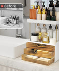 Super Clear Acrylic Vanity Drawer Organizer For Bedroom And Bathroom Counter To Store Skincare Perfume Makeup And Cosmetics. Three-drawer unit displaying bottles and jars.