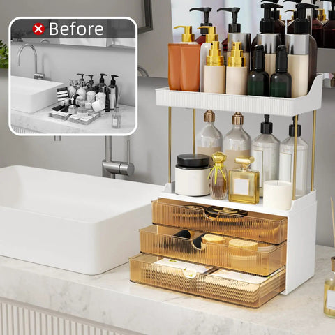 Super Clear Acrylic Vanity Drawer Organizer For Bedroom And Bathroom Counter To Store Skincare Perfume Makeup And Cosmetics. Three-drawer unit displaying bottles and jars.