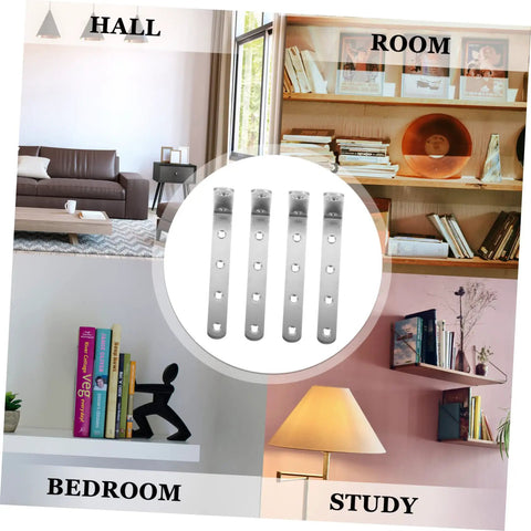 4 Pack Heavy Duty Right Angle Shelf Brackets Outside Corner Wall Mounts arranged with shelf displays in hall, room, bedroom, and study.