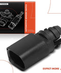 Front view of A-Premium 2-pin air temperature sensor, black plastic housing beside orange packaging