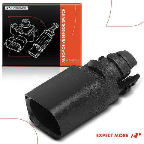 Front view of A-Premium 2-pin air temperature sensor, black plastic housing beside orange packaging