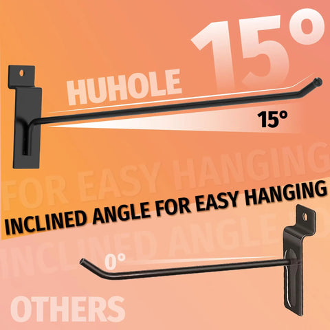 Comparison of 15-degree tilted Heavy Duty 10 Inch Slatwall Hooks with 0-degree regular hook for easier tool hanging