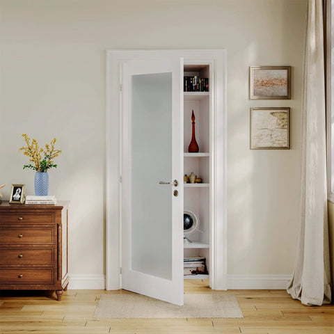 Slab Interior Door For 24 By 80 Opening With Full Lite Tempered Frosted Glass, Solid Core, Preassembled, Premium Baking Paint Finish, White, Easy Install, No Hardware Kit Included, Ideal For Bathroom Or Pantry, Pet Friendly installed in a modern home setting.