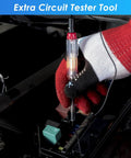 Hand using circuit tester tool from 304 Piece All In One Car Fuses Kit With Standard Mini And Low Profile Fuses Box Shaped Assortment