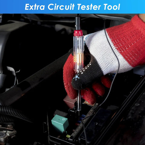 Hand using circuit tester tool from 304 Piece All In One Car Fuses Kit With Standard Mini And Low Profile Fuses Box Shaped Assortment