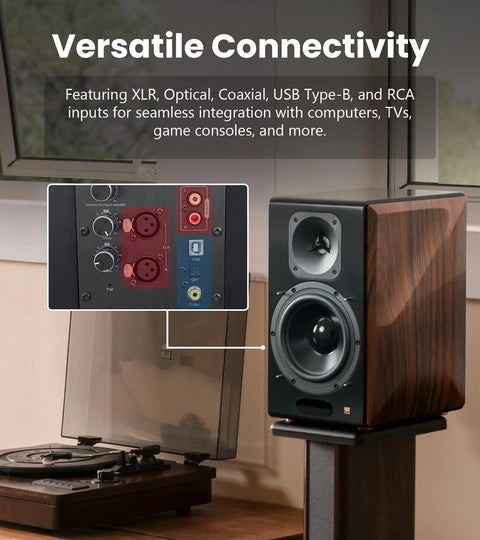 Hi Res 2.0 Powered Bookshelf Speakers With Planar Magnetic Tweeters, 256W RMS, AptX HD Bluetooth, wood finish, next to turntable