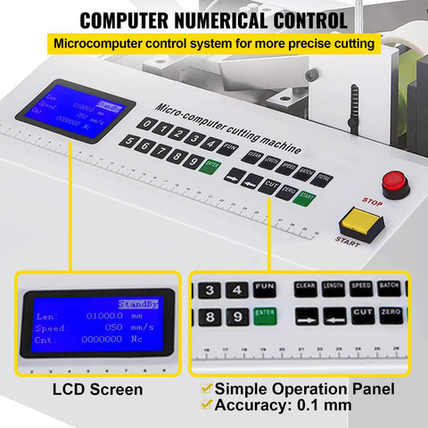 Electric Heat Shrink Tube Cutter With 250W Motor And Micro Computer Control Precision, close-up of LCD screen and operation panel.