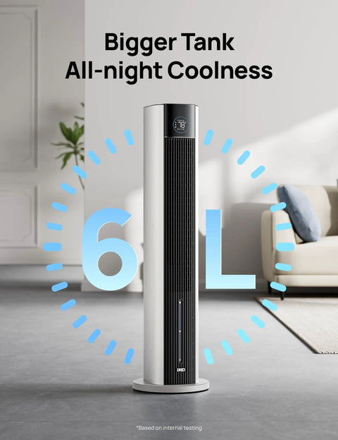 Bedroom Tower Fan With Evaporative Cooling, 43 Inch Upgraded 2025 Model, displayed with 6L tank capacity in a living room.
