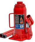 Heavy Duty Ten Ton Hydraulic Bottle Jack Featuring An Adjustable Saddle And Ultra Low Profile Base For Trucks Trailers And Shop Floors Built Like A Tank To Crush Maximum Weight With Zero Sweat On The Highway Or In The Driveway. Red steel, compact design, includes two extension pipes.
