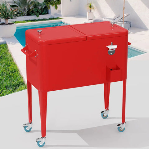 80 Quart Rolling Ice Chest With Wheels For Backyard BBQs And Parties, Patio Cooler With Bottle Opener and Cap Catcher