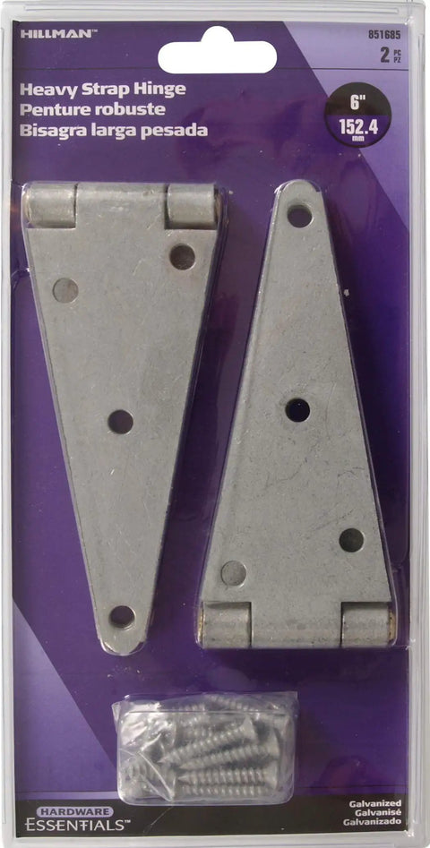 Beefed Up Heavy Duty Strap Hinges Galvanized 6 Inch 2 Pack For Doors And Gates With Wide Strap For Extra Stability, Rust Resistant Steel, Includes Screws And Mounting Instructions, Ideal For 4x4 Posts; package front view